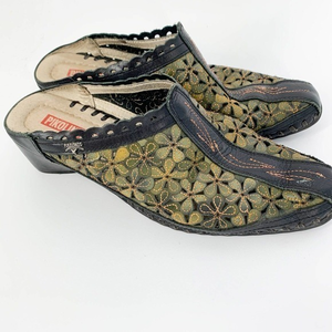 PIKOLINOS Ramona Slip On Tooled Leather Floral Mules Green 38‎ Made In Spain EUC
